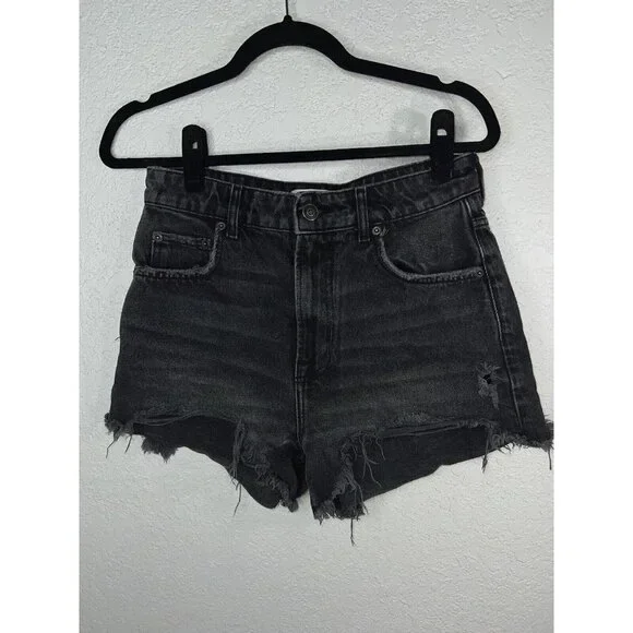 Zara Black High Rise Distressed Denim Jean Shorts 100% Cotton Faded Size 4 (m) - Picture 2 of 5
